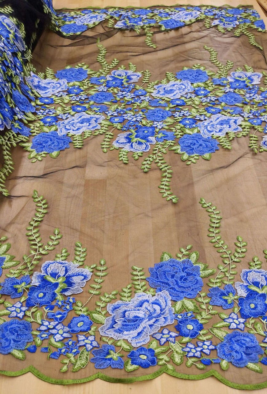 1 Yard Embroidered Flower Lace Alameda Black Mesh Fabric 50/51 Inches Wide